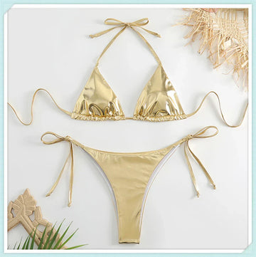 Metallic Triangle Lace Up Bikini Set